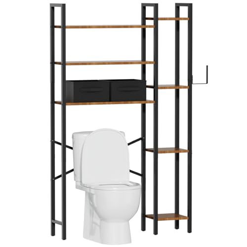 Over The Toilet Storage with 2-Drawer, Metal Bathroom Organizer with 7 Tier Adjustable Shelf & Freestanding Space Saver Storage Rack Above Toilet Stand with Hooks for Restroom, Laundry -Black (Black)