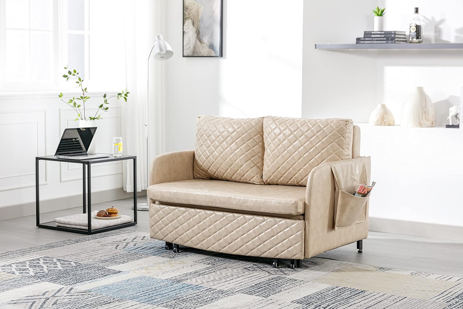 Convertible Sleeper Sofa Bed, Modern Velvet Loveseat Couch with Pull Out Bed, Small Love Seat Futon Sofa Bed with Headboard, 2 Pillows & Side Pockets for Living Room