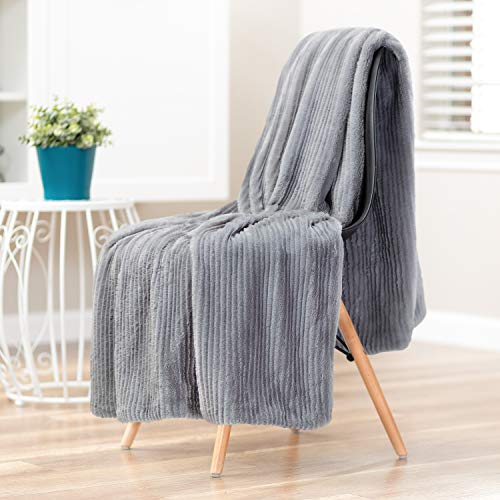 Chanasya Premium Stripe Textured Faux Fur Throw Blanket - Elegant Super Soft Cozy Luxury Plush Faux Fur with Reverse Mink Blanket for Bed Couch and Living Room Décor (50x65 Inches) Gray Blanket