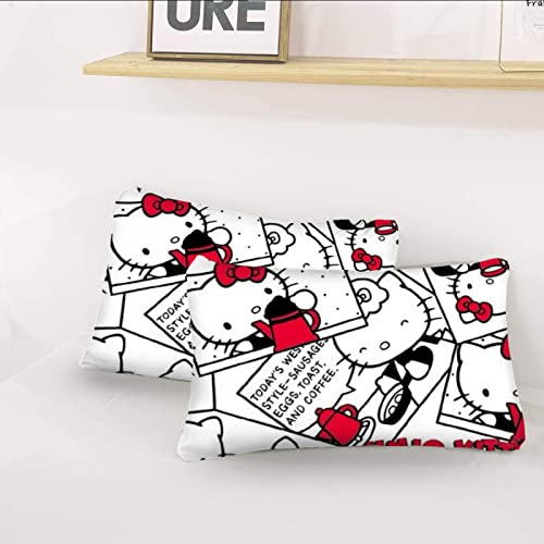 DIEZ Kawaii Bedding Set for Girls, Wink Hello Cat Kitty Printed Bed Set, Cartoon Kitty Quilt Cover, Full Comforter Cover, Girls Teens Bedclothes Set with Zipper and 2 Pillowcase, No Comfoerter