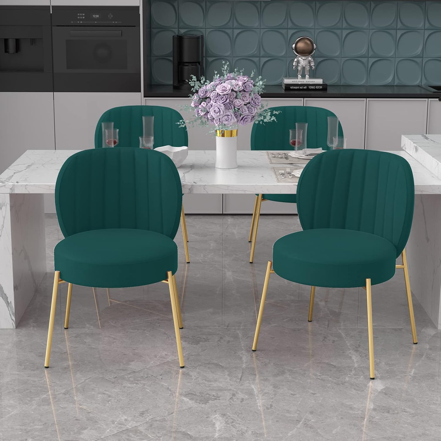 Green Dining Chairs Set of 4, Upholstered Dining Chairs Kitchen & Dining Room Chairs, Mid Century Modern Velvet Round Dining Chair with Gold Legs for Dining Kitchen Living Room