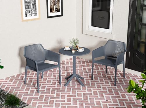 Indoor-Outdoor Bistro Plastic Table Chair Set, Modern Distressed Style Kitchen Dining Chairs Stackable Side Chairs with Back Set of 3 (Charcoal), A-6854195X