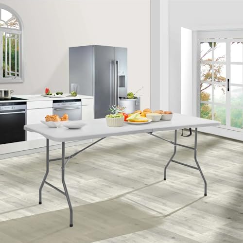 SKOK 330lbs Folding Picnic Table 8 Foot, 8FT Long Plastic Picnic Table Portable with Carry Handle, White Tailgating Utility Commercial Craft Table with Heavy Duty Frame for Party & Events