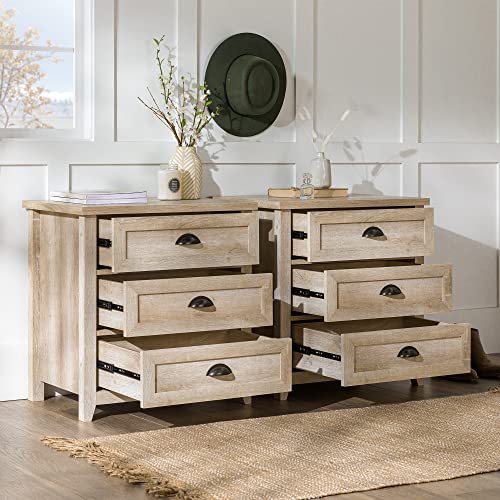 Walker Edison Hazel 2-Piece Modern Farmhouse 3 Drawer Framed Nightstand with Half-Moon Handles, Set of 2, White Oak
