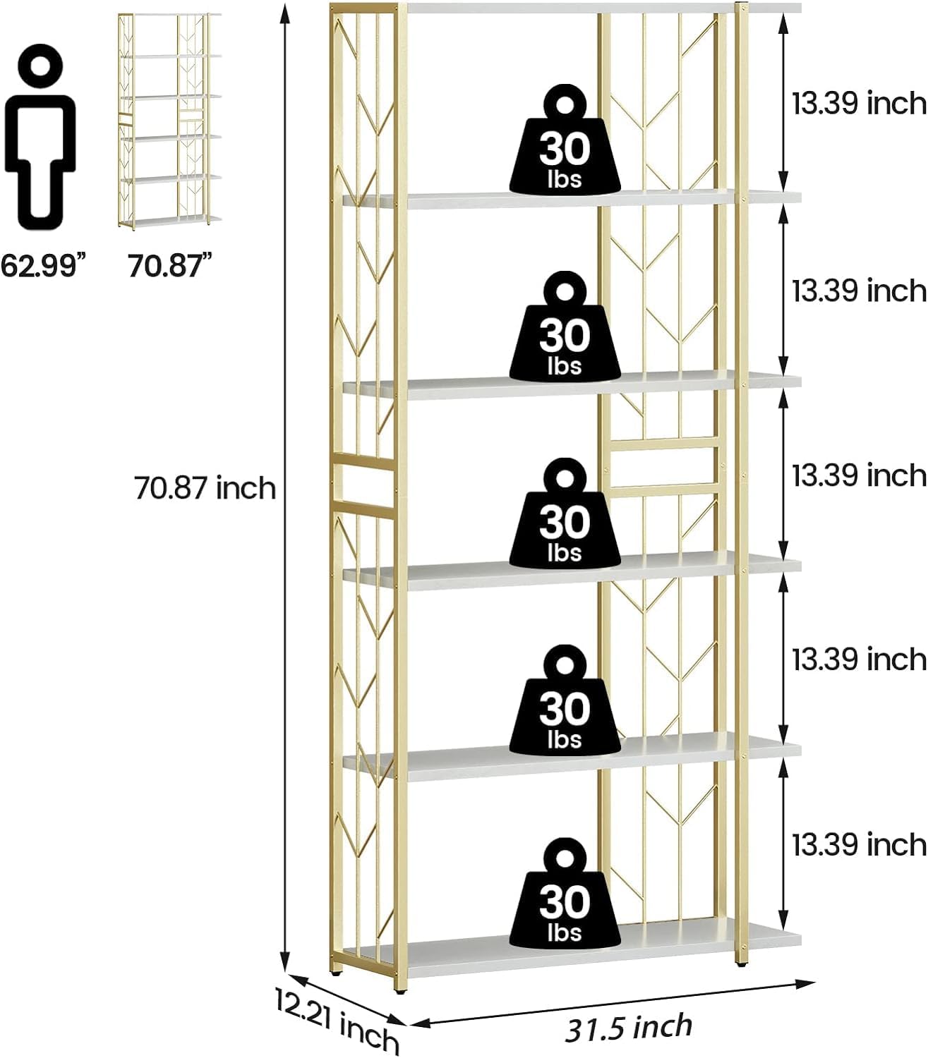 6 Tier Bookshelf, Tall Bookcase Freestanding Display Shelf with Metal Frame & Large Storage, Modern Book Shelf for Home Office, White/Gold