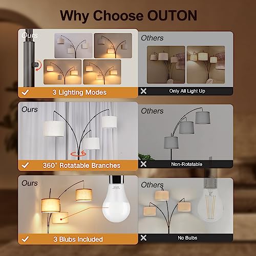 OUTON Arc LED Floor Lamp with Remote Control, Dimmable Modern Black 3 Light Arched Tall Floor Lamp, Mid Century Adjustable Standing Corner Lamps for Bedroom, Office, Living Room, Beige Lampshade