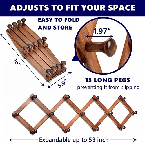 Amber Home Wood Accordion Wall Rack 17 Hooks (Pegs), Expandable Wall Mounted Hanger for Coat, Hat, Scarf, Coffee Mugs, X Shape Coat Hooks (White Color)