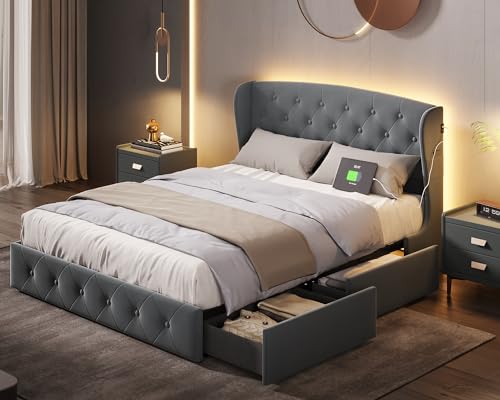 Full Size Bed Frame with 4 Drawers, Velvet Upholstered Platform Bed with Button Tufted Headboard & Wingback, LED Lights, Type-C Chargers, No Need Box Spring, Dark
