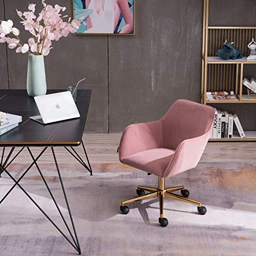 Warmiehomy Velvet Desk Chair with Wheels, 360° Swivel Office Chair with Gold Base, Modern Accent Upholstered Vanity Chair with Back Height Adjustable Computer Chair for Home Office,Orange