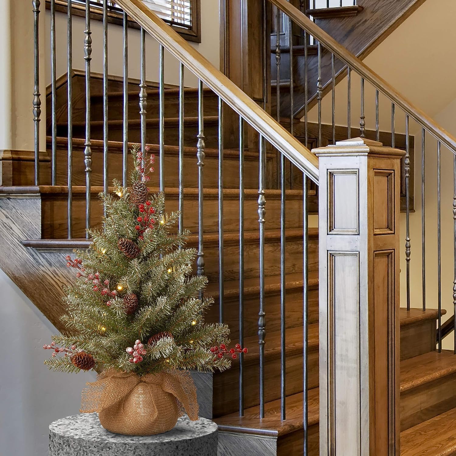 National Tree Company Pre-Lit Artificial Mini Christmas Tree, Green, Dunhill Fir, White Lights, Decorated with Pine Cones, Berry Clusters, Frosted Branches, Includes Cloth Bag Base, 2 Feet