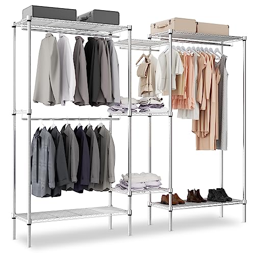 MoNiBloom 85.5 Inch Clothes Rack with Shelves, Wire Garment Rack Heavy Duty Clothes Rack with 4 Hanging Rods, Free Standing Wardrobe Closet Organizer and Storage, Capacity 1000 lbs, White