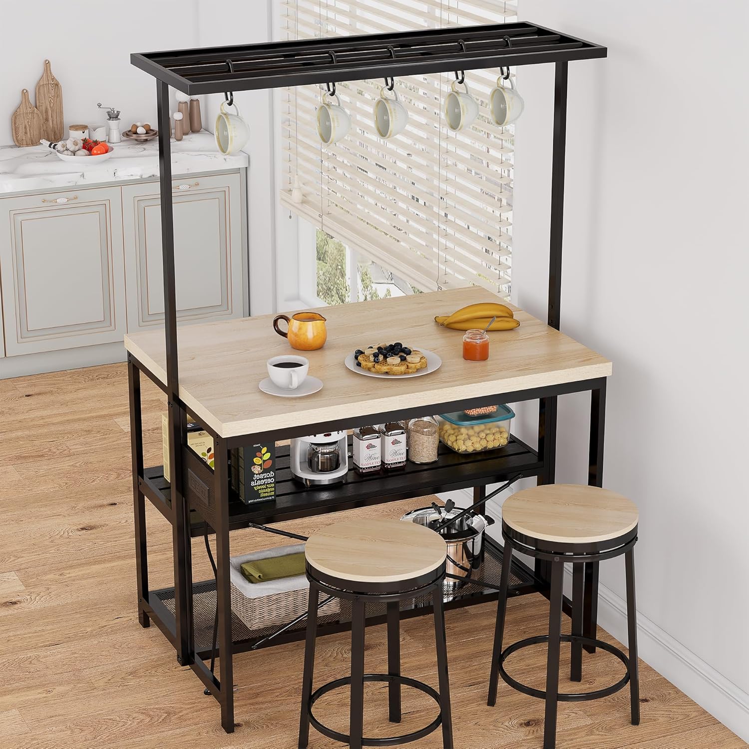 Power Outlet Kitchen Island，Bakers Rack，Coffee Bar Table, Large, Pear Wood Tabletop and Black Metal Frame