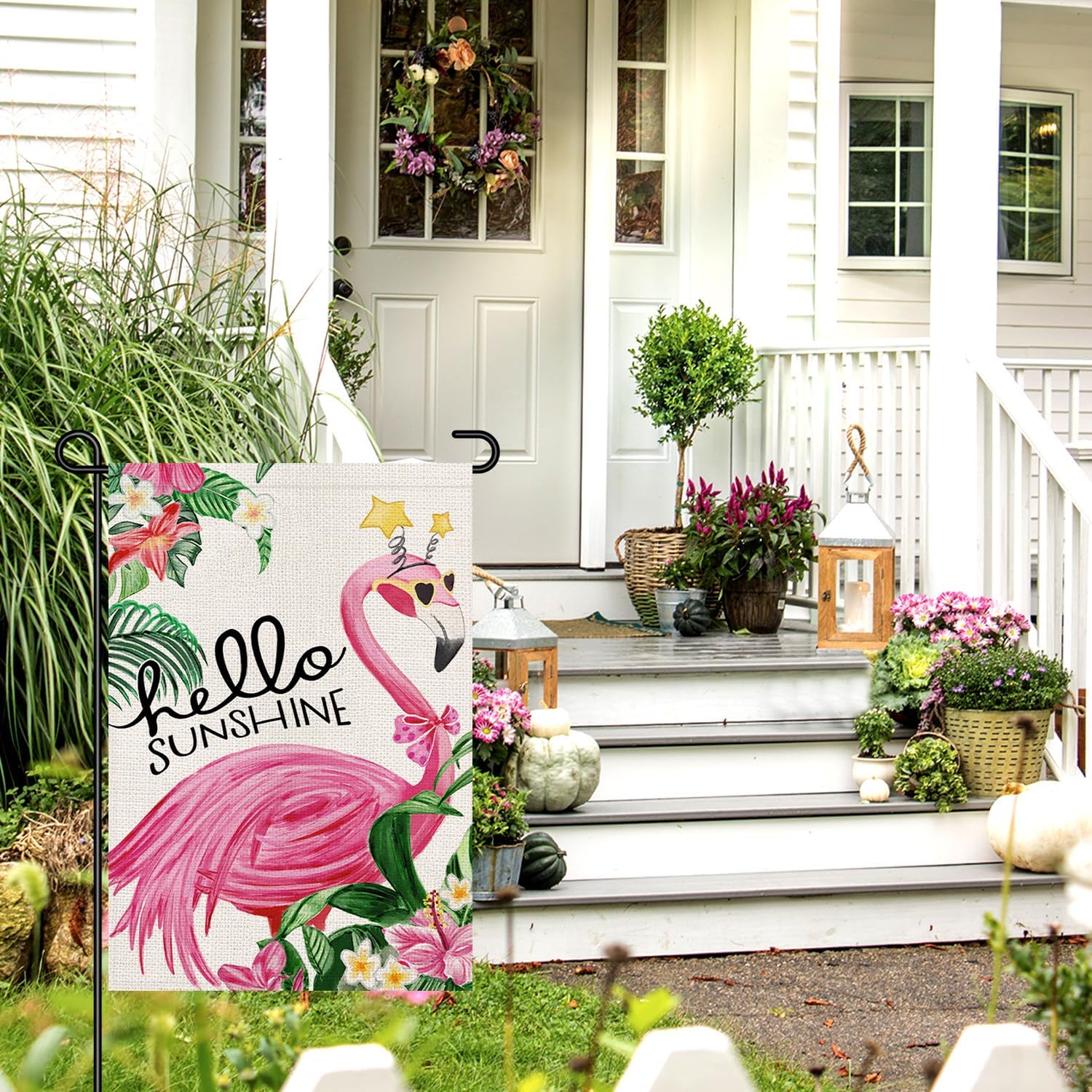 Hello Summer Garden Flag Flamingo 12x18 Inch Double Sided for Outside, Seasonal Flower Sign Small Flags Yard Outdoor Decor DF501
