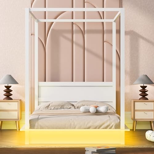 King Size Canopy Bed with LED Light, Wooden Canopy Platform Bed with Headboard and Slat Support for Kids Teens Adults, No Box Spring Needed, White