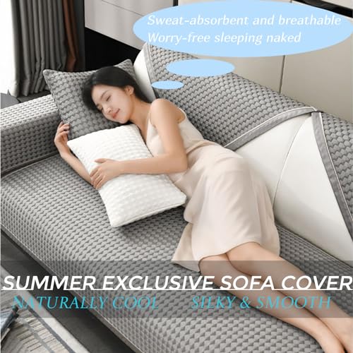 Summer New Cooling Ice Doug Couch Cover,Upgrade Honeycomb Anti-slip Sofa Cover,3D Structure Breathable Cool Couch Covers,1 Piece Smooth Washable Sofa Cover for Sleeping Naked,Blue-28
