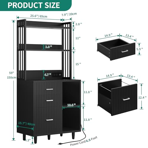 YITAHOME File Cabinet with Charging Station and Lighting, 3 Drawer Wood File Cabinet, Printer Stand with Open Storage Shelves for Home Office, Black