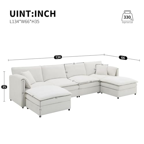 Modular Sectional Sofa U Shaped Sofa Couches with 2 Ottoman, Modern Chenille L Shaped Comfy Cloud Couch Living Room Set, 6-Seater Deep Modular Sectional Corner Couch with Double Cushions, Cream