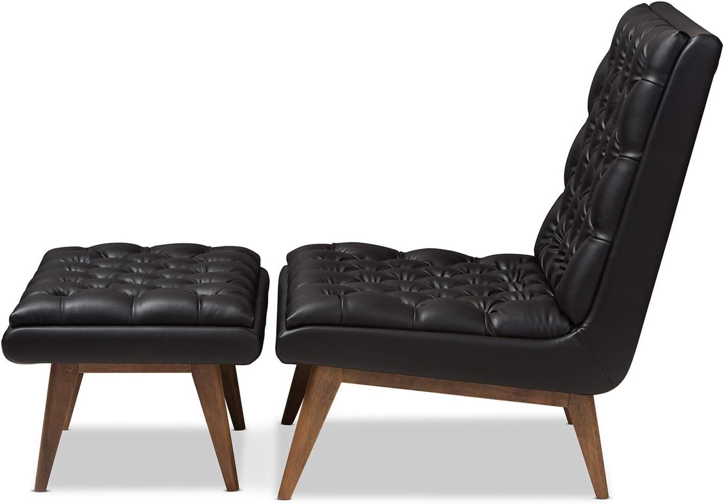 Baxton Studio Annetha Mid-Century Modern Black Faux Leather Upholstered Walnut Finished Wood Chair and Ottoman Set Black//Medium Wood/Mid-Century/Faux Leather/Rubber Wood/Foam