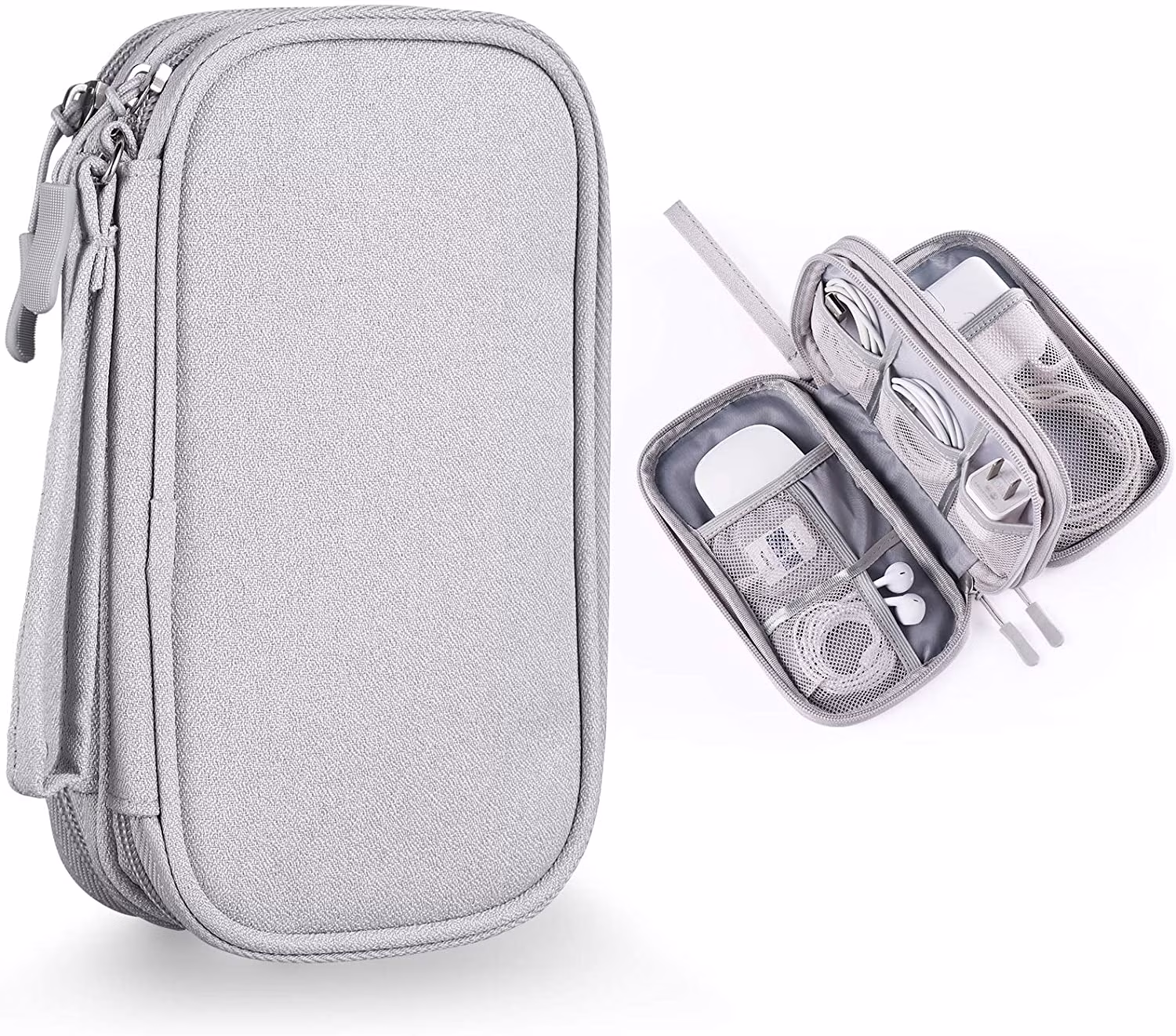 Travel Electronics Organizer Pouch for Chargers, Cables, Mouse – Compact Light Grey Storage Bag with Interior Compartments