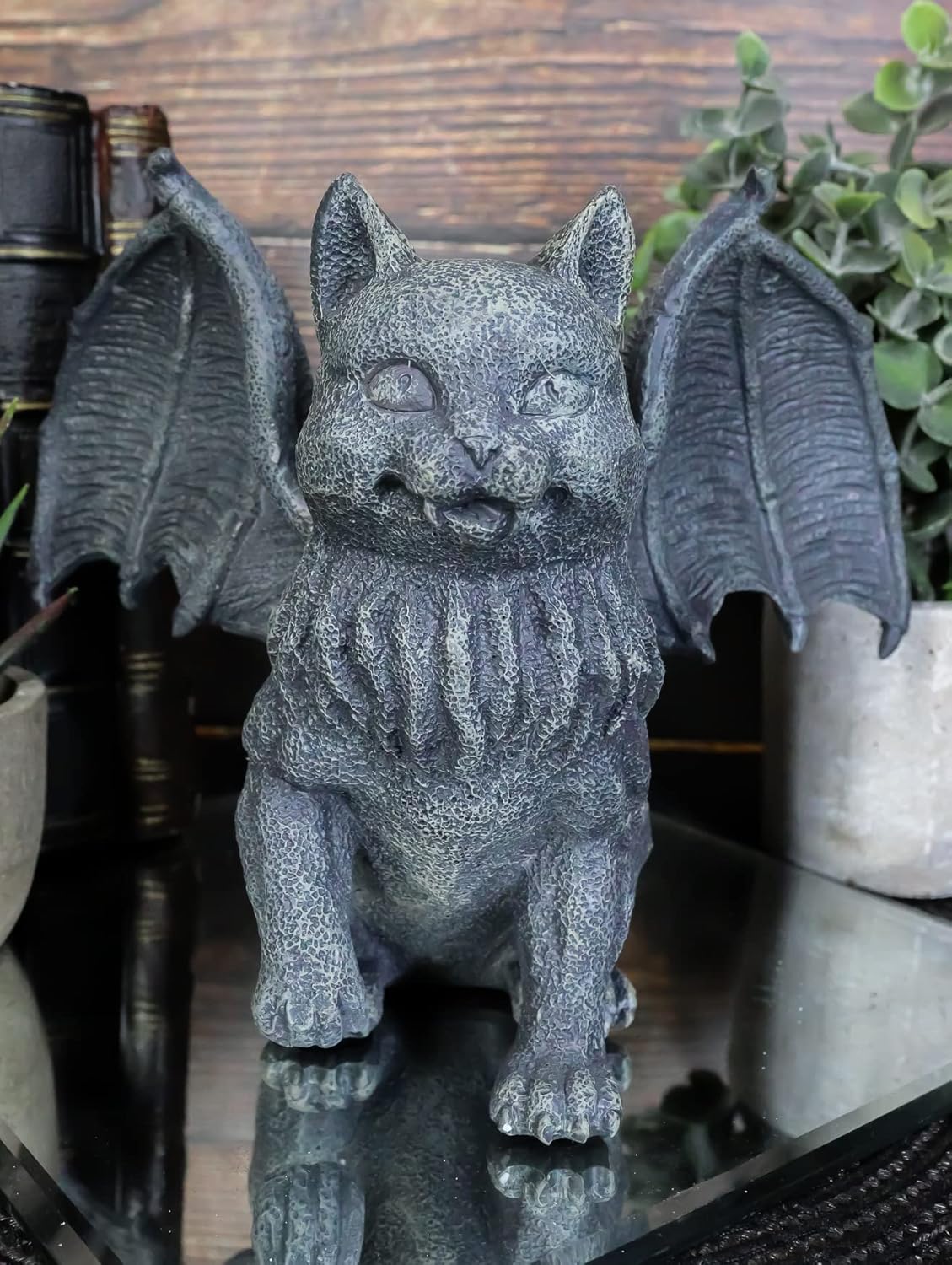 Ebros Gift Medieval Gothic Vampire Catgoyle Winged Cat Gargoyle with Dracula Fangs Lifting Paw Candle Holder Statue 7.25