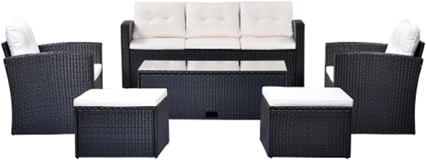 6-piece All-Weather Wicker PE rattan Patio Outdoor Dining Conversation Sectional Set with coffee table, wicker sofas, ottomans, removable cushions (Black wicker, Beige cushion)
