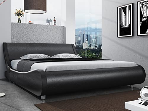 SHA CERLIN Modern Low Profile Platform Bed Frame Full Size, Stylish Faux Leather Upholstered Sleigh Bed with Adjustable Headboard, No Box Spring Needed, White