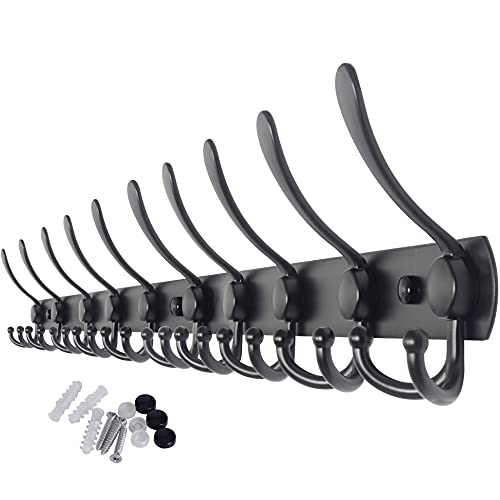 WEBI Coat Rack Wall Mounted,37 5/8'' Long Coat Hanger Wall,Coat Hooks Wall Mounted,Triple Hook Rack,10 Hooks for Hanging Coats,Clothes,Jacket,Hats,Black,2 Packs