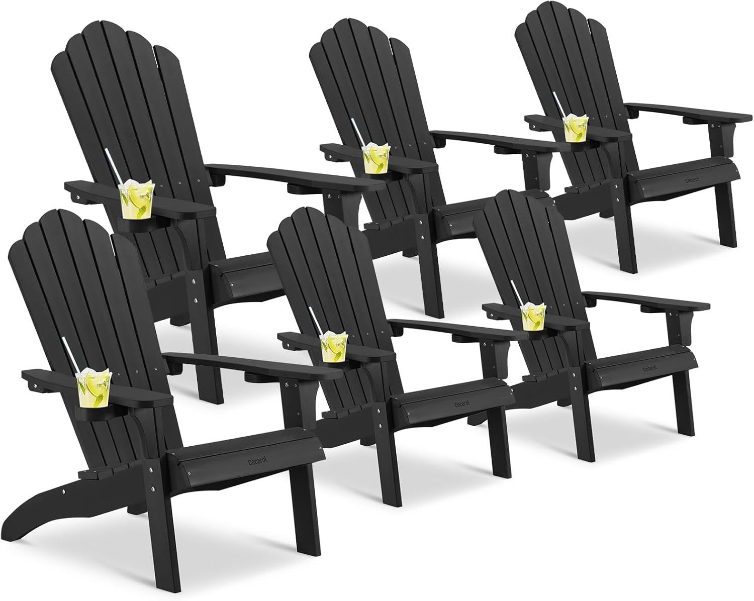 Cecarol Plastic Adirondack Chair Set of 6, Outdoor Fire Pit Chair with Cup Holder, Adirondack Patio Chair Weather Resistant for Outside, Porch, Lawn, Garden- AC01S, Black