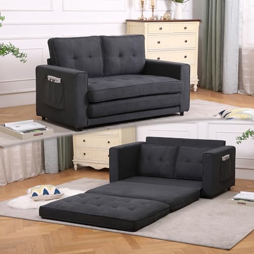 3-in-1 Upholstered Futon Sofa Convertible Floor Sofa Bed,Foldable Tufted Loveseat with Pull Out Sleeper Couch Bed,Folding Mattres Love Seat Daybed W/Side Pockets, Dark Gray