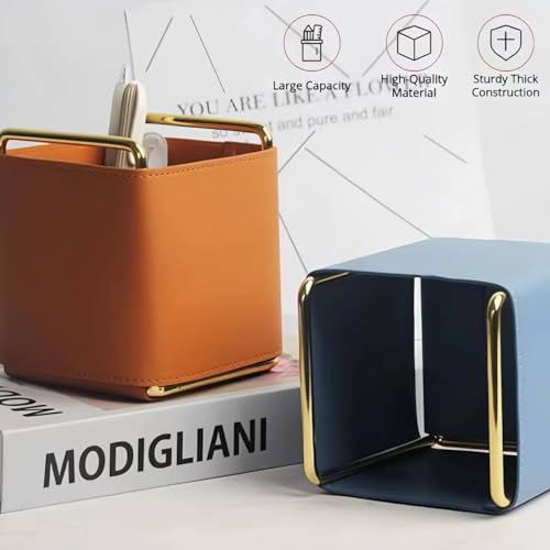 Aesthetic Pen Holder for Desk Cute Storage Basket Office Supplies Vegan Leather Cubicle Decor Workspace Accessories Makeup Brush Organizer Pencil Cup Aesthetic Caddy for Home Office (Brown)