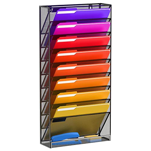 10-Tier Wall File Organizer Mesh Hanging File Organizer, No Assembly, Hanging Wall Files for Papers, Folders, Magazines, Office Organization, Wall Organizer for Clipboard, Black 2 PACK