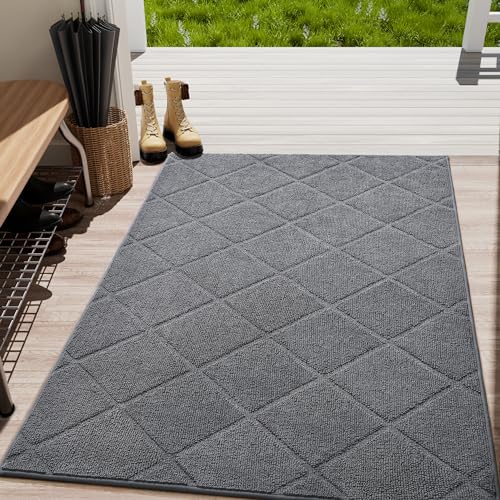 LOCHAS Grey Indoor Door Mat 24x36 Inch, Rubber Backing, Washable Absorbent Chenille Doormat, Low-Profile, Non Slip Microfiber Entrance Mat, Quick Dry Resist Dirt Front Welcome Mats for Entryway Home