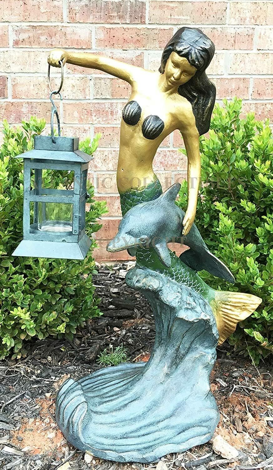 Ebros Gift Outdoor Lawn Garden Patio Poolside Nautical Marine Coral Mermaid with Dolphin Holding Candle Lantern Statue Candleholder Lawn Ornament Fantasy Decor Figurine