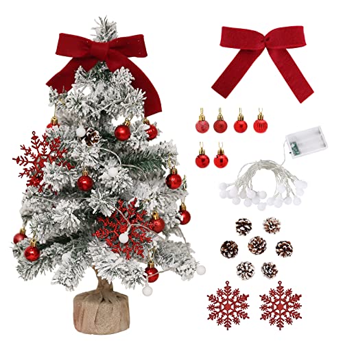 Small Christmas Tree Artificial Tree 22 in with Lights, Snow Flocked,Christmas Ball,Pine Cone,Christmas Ribbons,Christmas Suit,Table Desk Home Christmas DIY (red(ball)+tree)