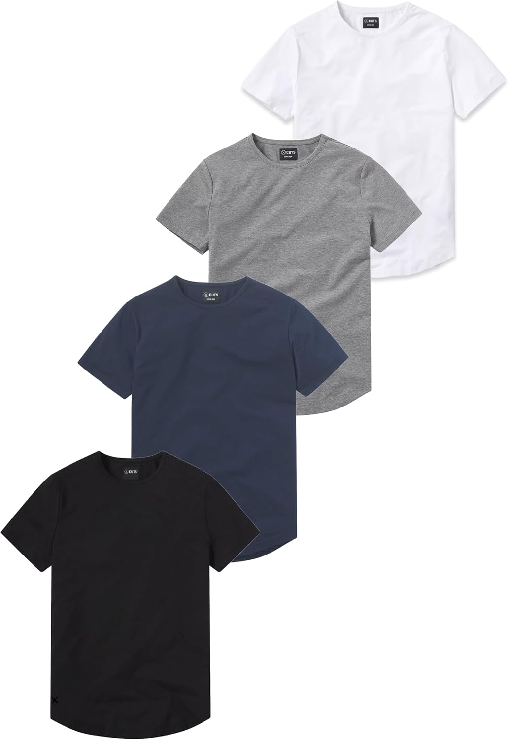 Cuts 4 Pack Men's Crew Neck Curve Hem Short Sleeve T-Shirt, White, Grey, Pacific Blue, Black, Size-Small