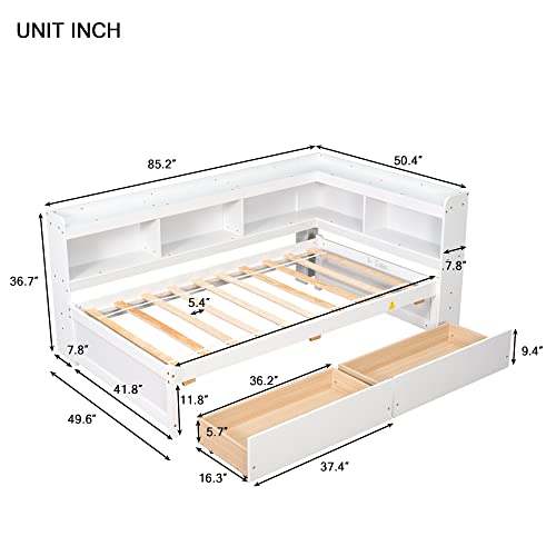 Wooden Full Size House Bed with Twin Trundle and Bookshelf, Kids Platform Bedframe with Roof&Storage Space, for Boys Girls Bedroom or Guest Room, White