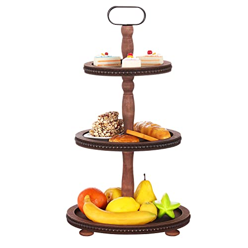Urban Deco Wood Tiered Tray, 2-Tiered Tray Decorative Dessert Stand, Farmhouse 2 Tier Serving Tray with Metal Handle, Fruits Display Tray for Kitchen Counter, Living Room Table