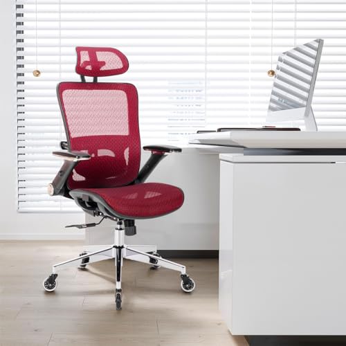 Ergonomic Mesh Office Chair, High Back - Adjustable Headrest with Flip-Up Arms, Tilt and Lock Function, Lumbar Support and Blade Wheels,hrome Metal Legs,Swivel Computer Task Chair (Red)