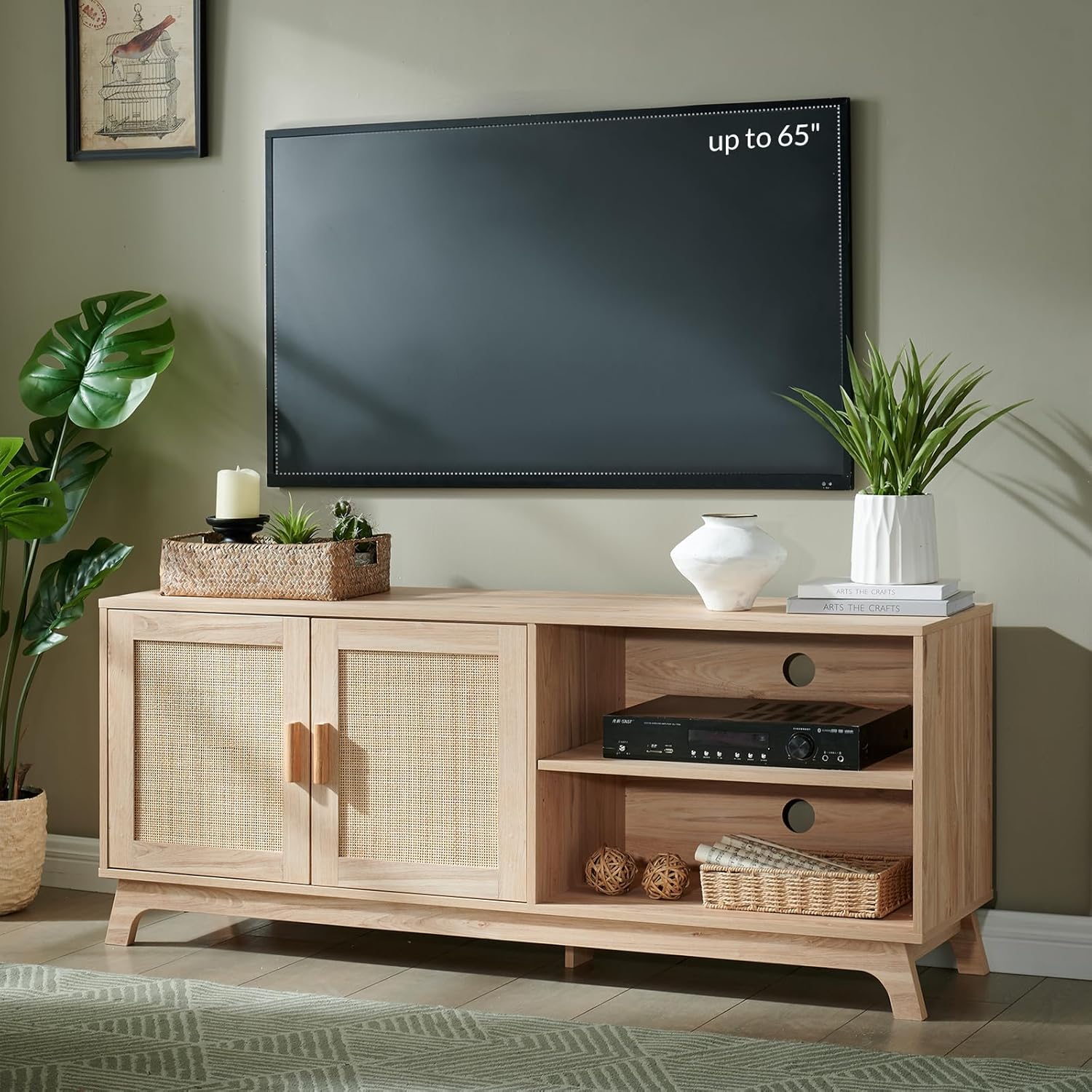 Okvnbjk TV Consoles for Living Room, Mid Century Modern TV Stand for 65 Inch TV, Rattan Entertainment Center, Media Console with Natural Rattan Doors & Adjustable Shelf, Boho TV Stand for Bedroom, Oak