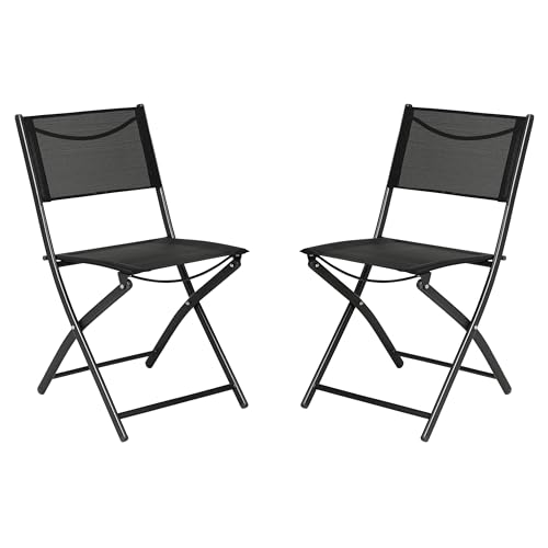 Merrick Lane Bardwell Indoor/Outdoor Flex Comfort Fold Chairs, Breathable Textilene Backs and Seats, Durable Steel Frames, Set of 2, Gray/Black