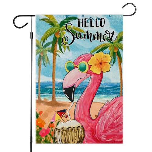 Hello Summer Garden Flags for Outside, Watercolor Flamingo Yard Decoration, Small Seasonal Outdoor Decor for Spring Farmhouse Holiday,12x18 Inch Double Sided