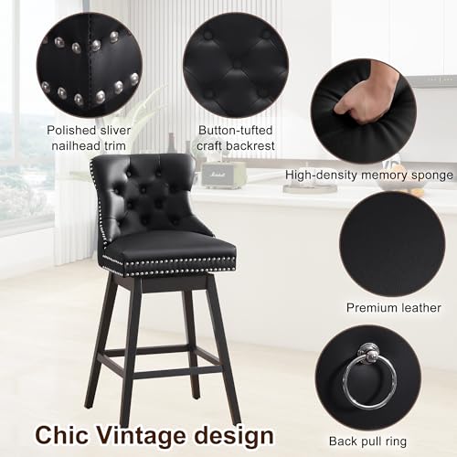 Swivel Bar Stool with Back, Faux Leather Counter Height Bar Stools, Upholstered Tufted Counter Height Chairs, Solid Wood Legs, (Brown, 30