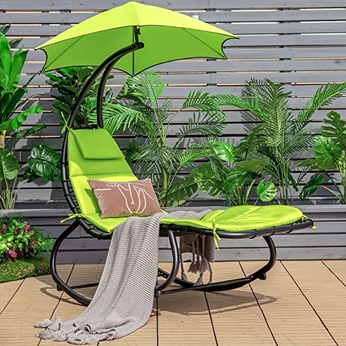 Giantex Hammock Chair Swing Lounger, Outdoor Hanging Chair with Shade Canopy, Powder-Coated Steel, Waterproof Fabric, Built-in Pillow, Removable Cushion Patio Chaise Lounge Chair (Green)