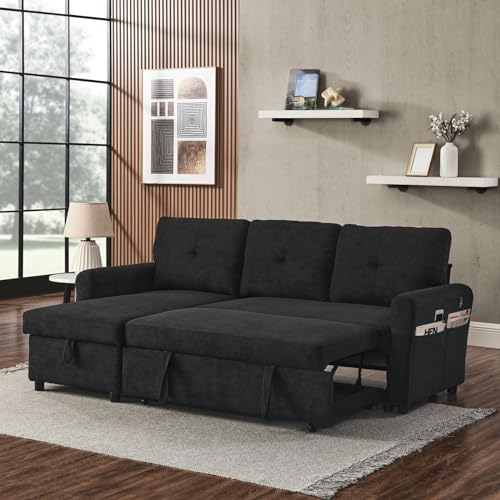 Reversible Pull Out Sofa Couch with Storage Chaise & USB Type-c Charging Ports L-Shaped Sofa Bed for Living Room, Office ，Workroom and Small Apartment (Black)