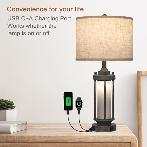 Set of 2 Farmhouse Table Lamp for Living Room Bedroom Bedside, Vintage Rustic Nightstand Lamps with USB C+A Charging Ports, Retro Gray Frosted Glass Night Light, Include 2 Bulbs (Gray)