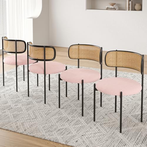 Farini Modern Upholstered Dining Chairs Set of 2,Rattan Back Dining Room Chairs,Accent Kitchen Chairs with Metal Legs,Green