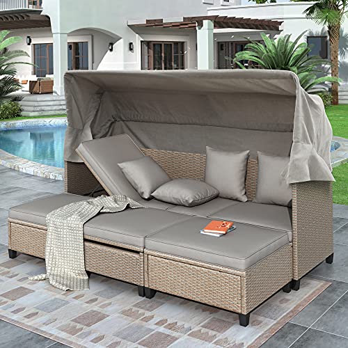 Rope Outdoor Sunbed and Coffee Table Set Double Chaise Lounger Loveseat Daybed for Poolside and Patio Relaxation, Grey Cushion and Dark