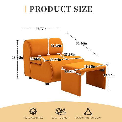 Accent Chair with Ottoman, Upholstered Comfy Single Sofa with Deep Seat, Modern Accent Chair for Living Room, Bedroom, Office, Reading, Coffee, Orange
