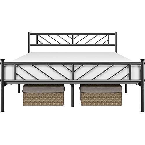 Topeakmart Queen Size Metal Platform Bed with Arrow Design Headboard and Footboard, 13 Inches Underbed Storage, 12 Built-in Steel Slats, No Box Spring Needed, Black