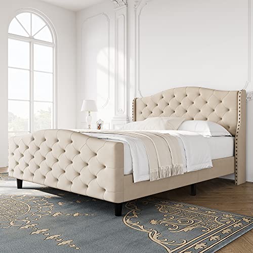 GAOMON Velvet Queen Size Bed Frame with Headboard and Footboard, Tufted Wingback Headboard, Upholstered Platform Bed, Strong Wooden Slats, No Box Spring Needed, Easy Assembly (Grey, Queen)